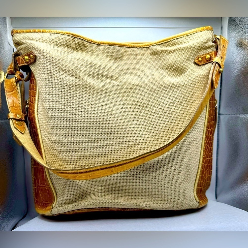 Brahmin Vintage Tan and Brown Leather & Finished Burlap Shoulder‎ Bag